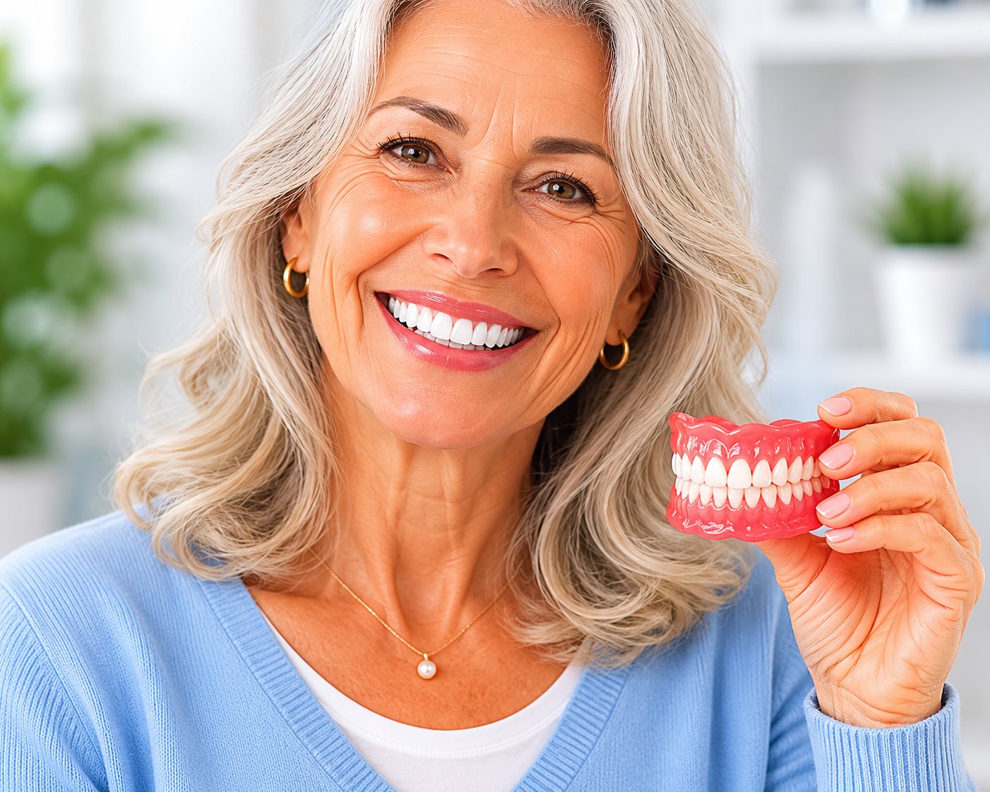Woman smiling confidently with her new dentures at Hialeah Dental Studio